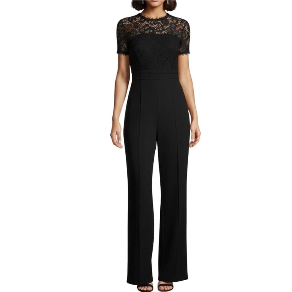 Escada Jumpsuit Lace Bodice Ankle Pants Crewneck Stretch Black Womens Size 12